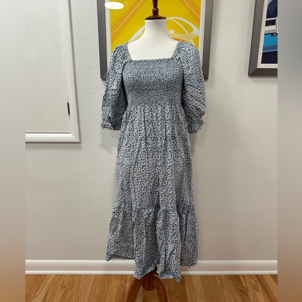 Madewell Lucie Elbow-Sleeve Smocked Midi Dress in Sunflower Field - Size S